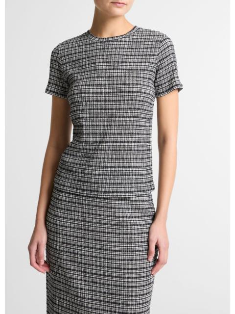 Vince Plaid Grid-Knit Short-Sleeve Crew Neck Top