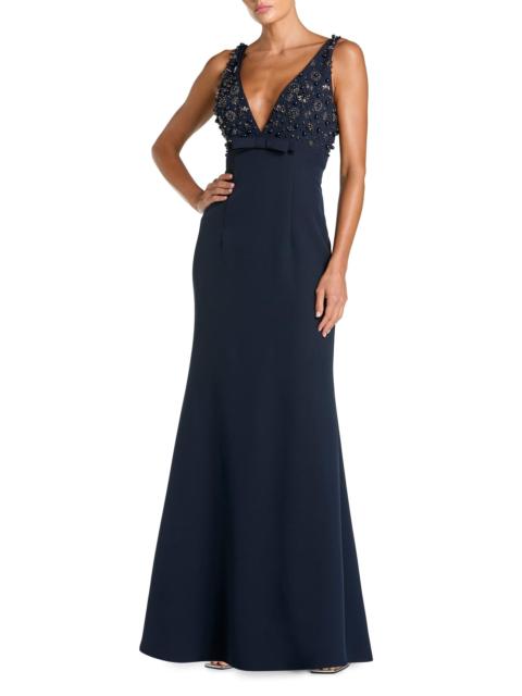 MAC DUGGAL Women's Crêpe Floral Beaded Bow A-Line Gown - Midnight