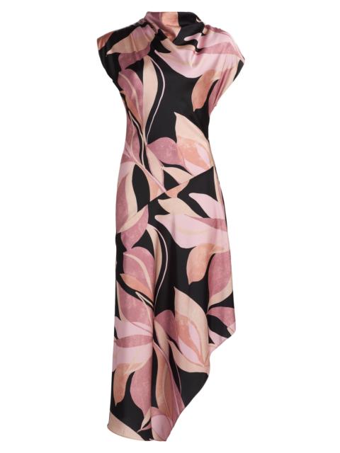 MISA Women's Sally Asymmetric Satin Midi-Dress - Moody Abstract Floral Stn