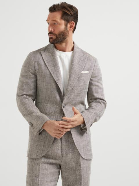 Brunello Cucinelli Silk, linen and cotton chevron deconstructed blazer with large peak lapels and metal buttons