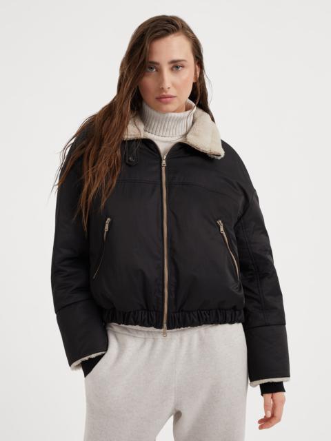 Brunello Cucinelli Water-resistant techno satin down jacket with shearling inserts and monili