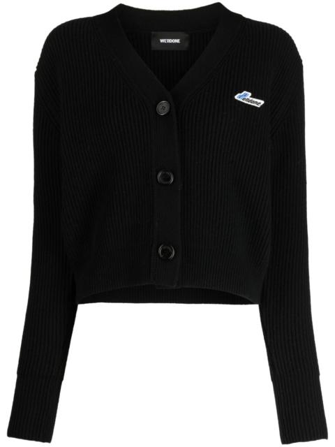 logo-patch ribbed-knit wool cardigan