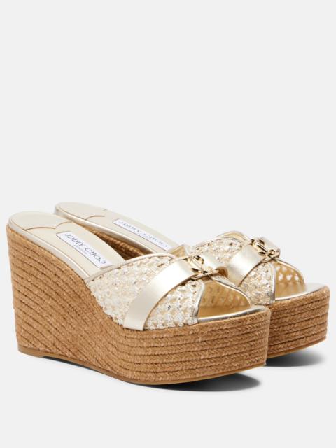 JIMMY CHOO Leda raffia-trimmed leather wedge espadrilles
