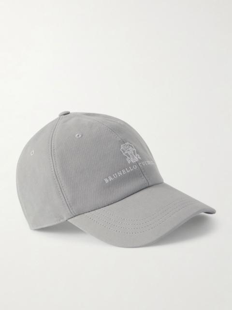 Brunello Cucinelli Logo-Embroidered Leather-Trimmed Cotton-Twill Baseball Cap Gray