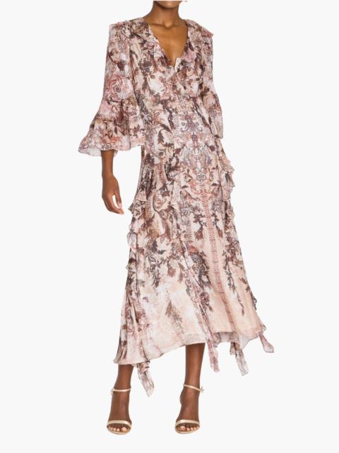 Marchesa REVERIE CASCADING RUFFLE CHIFFON MIDI DRESS