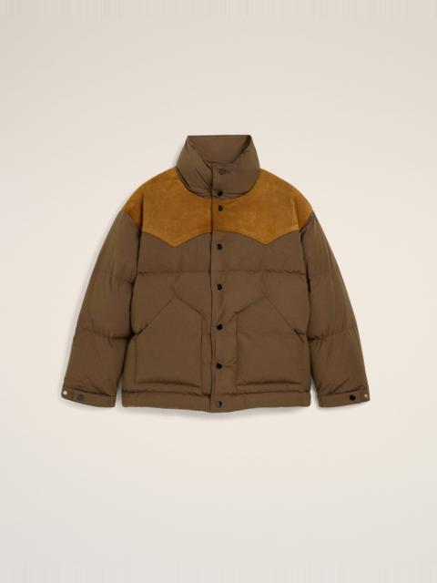 AMI Paris BROWN NYLON AND COTTON DOWN JACKET WITH LEATHER PANELS