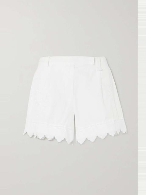Lace-trimmed embroidered cotton-poplin shorts