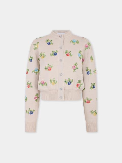 rabanne BEIGE WOOL CARDIGAN WITH MULTICOLOUR FLORAL EMBROIDERY