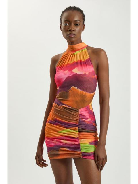 KAREN MILLEN Marbled Printed Mesh Jersey High Neck Mini Dress