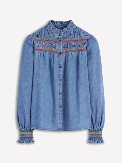 BODEN Esme Smocked Denim Frill Top-Light Authentic