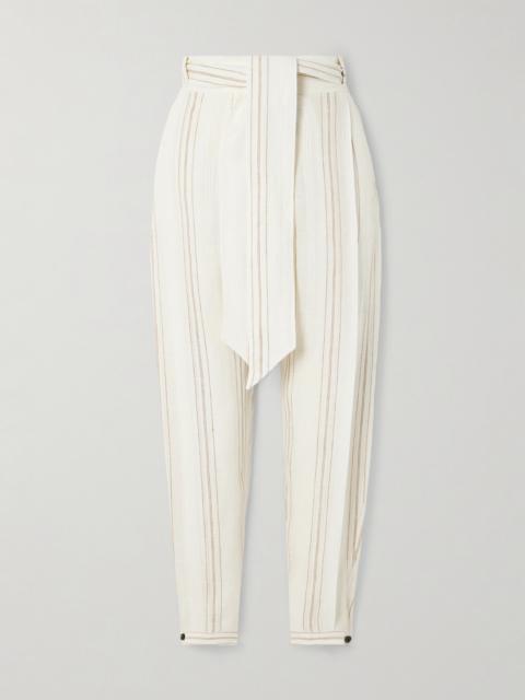 Loro Piana Gustel Belted Striped Linen Tapered Pants