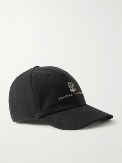 Brunello Cucinelli Logo-Embroidered Leather-Trimmed Cotton-Twill Baseball Cap Black