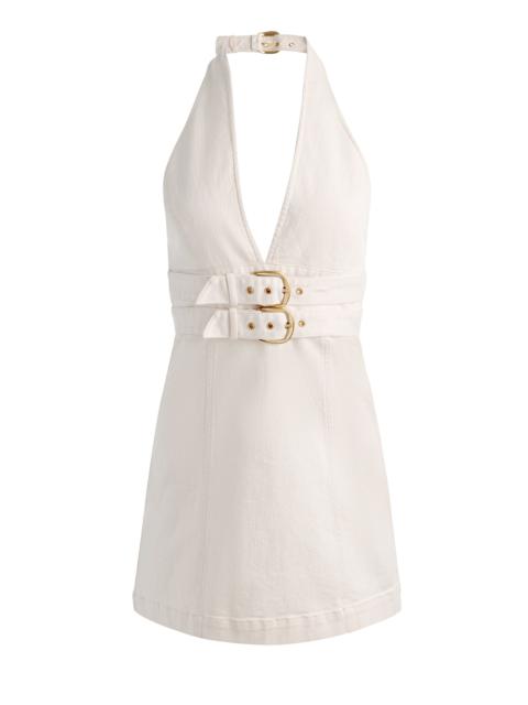 Alice + Olivia SOLANA BUCKLE DENIM HALTER MINI DRESS