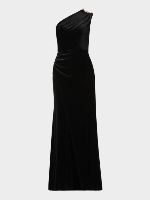 Shoshanna Ola Pleated One-Shoulder Stretch Velvet Gown