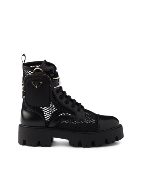 Prada Monolith mesh pouch combat boots