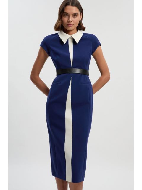 KAREN MILLEN Compact Stretch Contrast Collar Tailored Midi Dress
