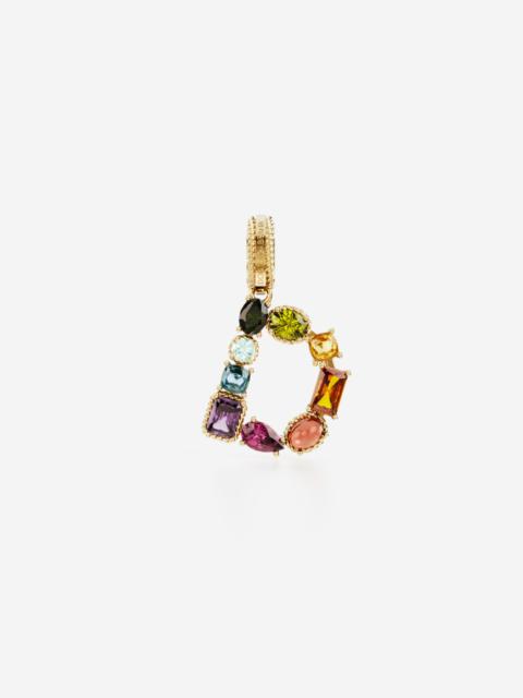 Rainbow alphabet D 18 kt yellow gold charm with multicolor fine gems