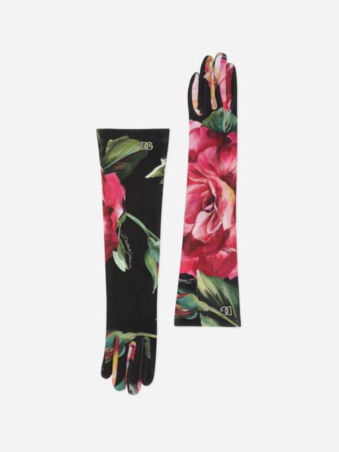 Dolce & Gabbana Rose-print jersey gloves with DG logo