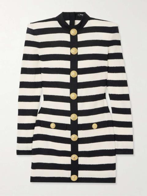 Button-embellished striped jersey and terry mini dress