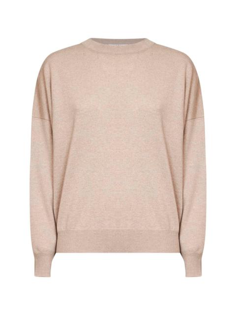 Brunello Cucinelli Beige cashmere knit crewneck sweater with monili