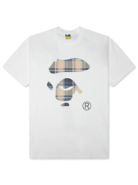 A BATHING APE® BAPE CHECK APE FACE TEE - WHITE/BLUE