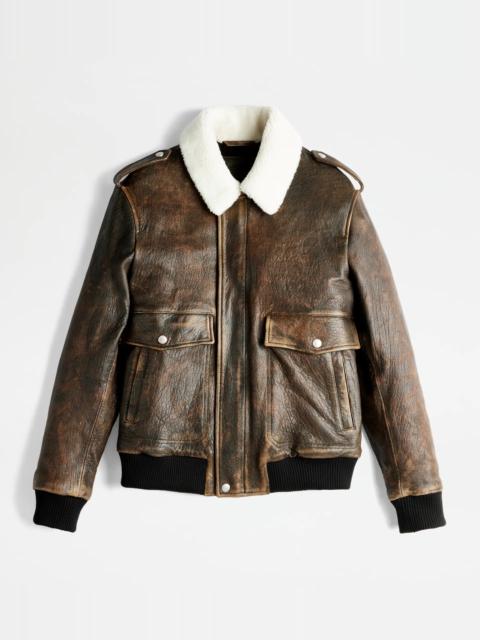 Tod's BOMBER JACKET IN VINTAGE LOOK LEATHER - BROWN