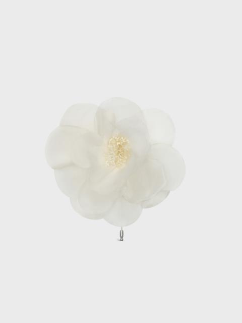 CELINE FLEUR CELINE PIVOINE LAPEL PIN IN WHITE SILK, BRASS WITH RHODIUM FINISH AND STEEL