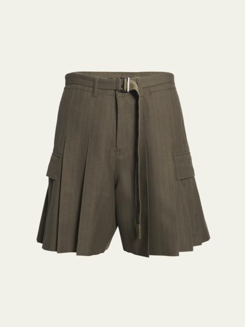 sacai Men's Pleated Khaki Pinstripe Shorts