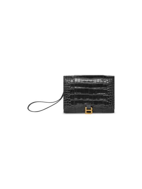 BALENCIAGA Women's Hourglass Gusset Pouch Crocodile Embossed  in Black