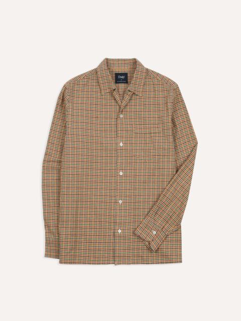 Drake's Brown and Green Check Brushed Cotton Twill Camp Collar Long Sleeve Shirt