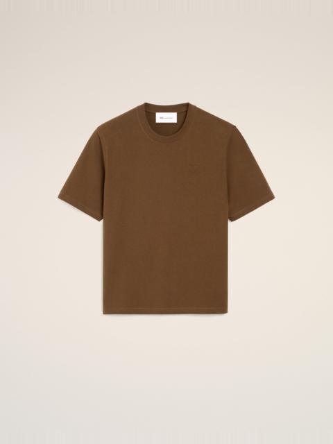 AMI Paris BROWN COTTON T-SHIRT WITH EMBOSSED AMI DE COEUR
