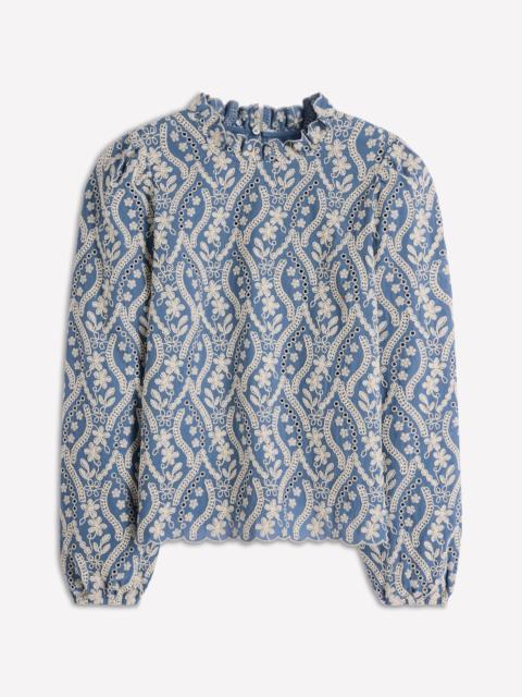 BODEN Puff Sleeve Interest Top-Blue and Ivory Broderie