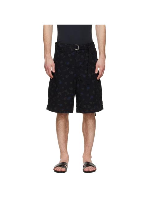 sacai Black Overdyed Floral Print Cargo Shorts