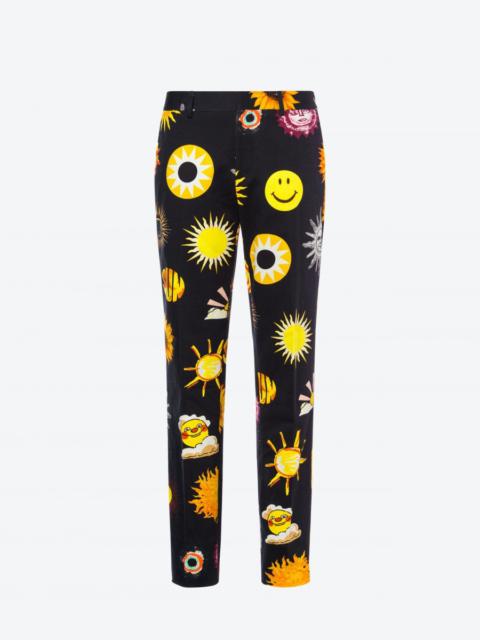 Moschino STRETCH GABARDINE ALLOVER SUN SMILEY® PRINT TROUSERS