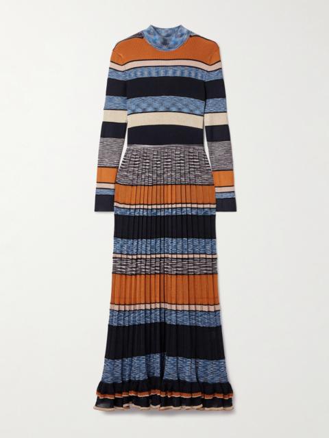 ULLA JOHNSON Evangeline Striped Pleated Metallic-knit Turtleneck Maxi Dress