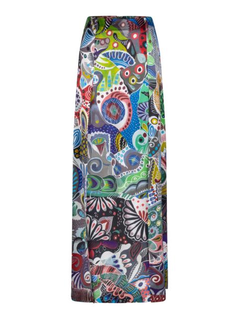 HEIRLOME Florence Patterned Mid-Rise Paneled Silk Maxi Skirt medium wash