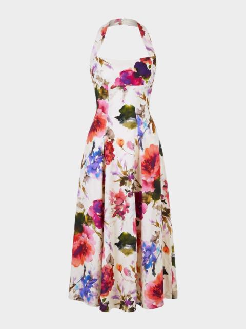 NICHOLAS Elisabeth Pleated Floral-Print Halter Midi Dress