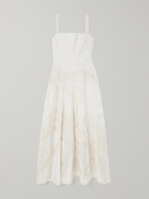 EMPORIO SIRENUSE Anabel Bead-embellished Embroidered Ramie And Linen-blend Midi Dress