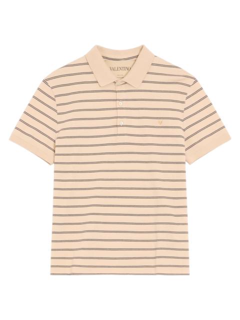 Valentino Men's Cotton Piqué Polo Shirt with VGold Stripes - Beige Navy