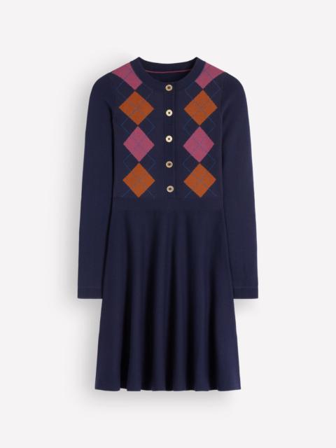 BODEN Crew Neck Jacquard Dress-Navy Jacquard