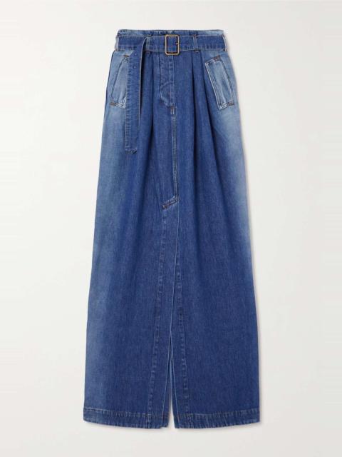 Belted denim maxi skirt