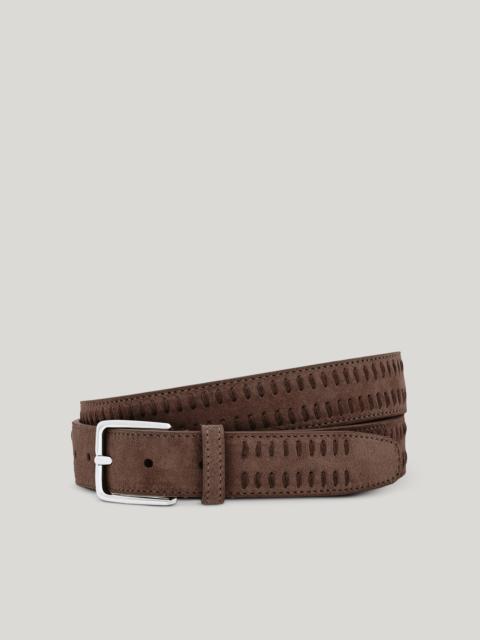 Canali BROWN SUEDE BELT WITH DECORATIVE VERTICAL TOPSTITCHING