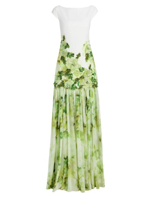 BADGLEY MISCHKA Women's Floral Appliqué Drop-Waist Gown - Lime Multi