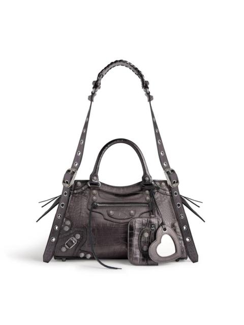 BALENCIAGA Women's Neo Cagole City Small Handbag Crocodile Embossed With Rhinestones in Grey