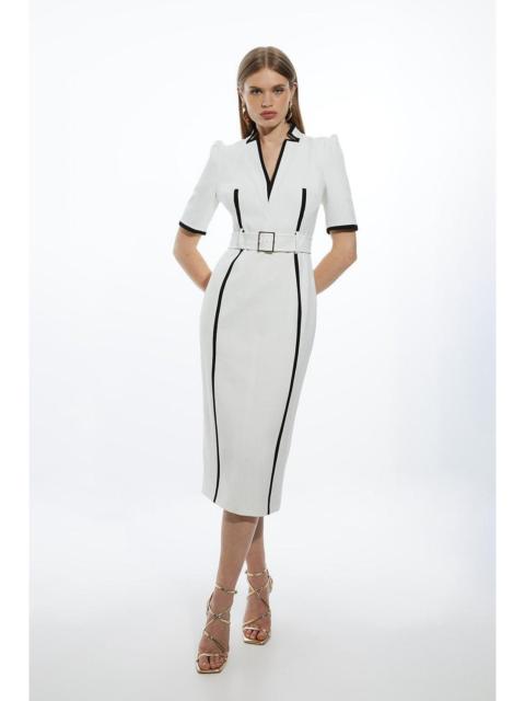 KAREN MILLEN Compact Stretch Contrast Tipped Forever Belted Tailored Midi Dress