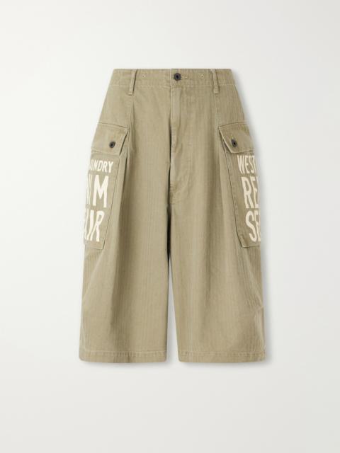 Kapital Wide-Leg Printed Herringbone Cotton Shorts