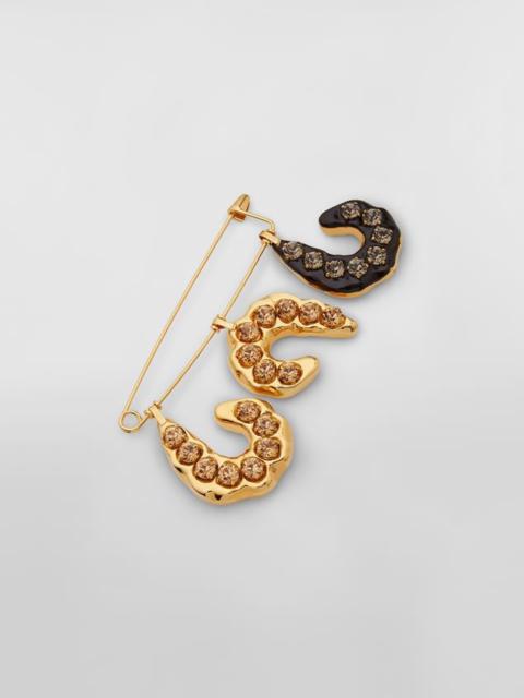BRASS SPARKLE BROOCH WITH 3 HOOK-SHAPED PENDANTS AND GLASS BEADS