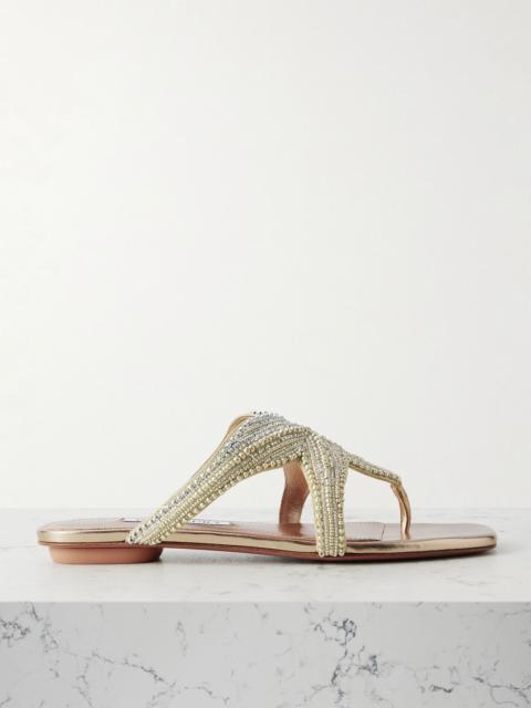 AQUAZZURA Reef Star bead-embellished metallic leather sandals Neutral