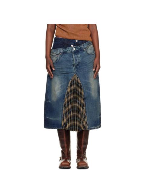Andersson Bell Blue & Khaki Pleats Combo Flipped Denim Midi Skirt