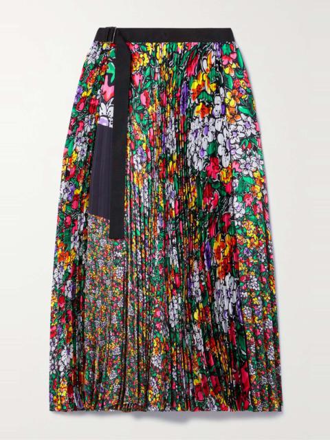 Belted floral-print plissé-satin midi wrap skirt